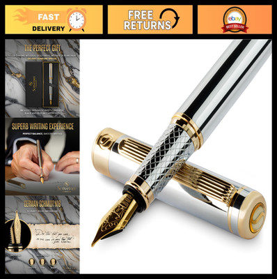 Luxury Silver Chrome Fountain Pen - Real Gold Schmidt Gilded Nib, Best Gift for