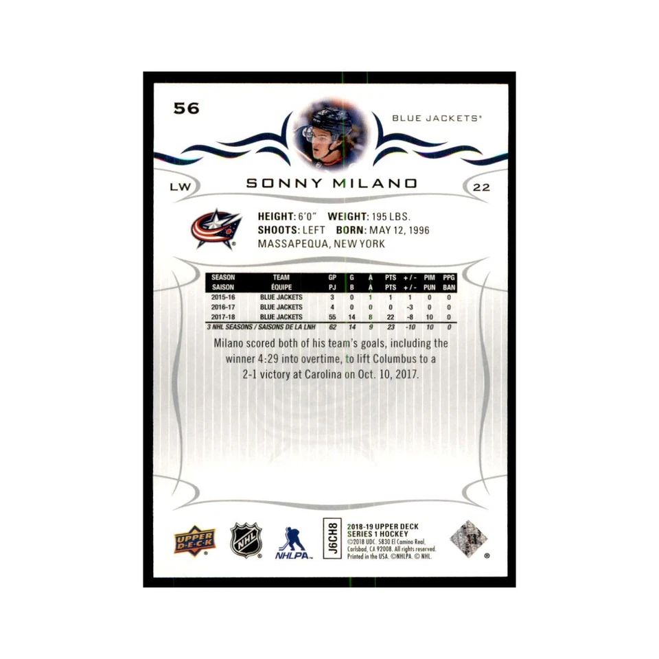 Sonny Milano 2018 Upper Deck #56 Hockey Cards Hockey Card NM - Image 2 of 3