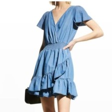 Michael Kors Women's Smocked Wrap Mini Dress Medium Blue Casual Flowy Ruffles