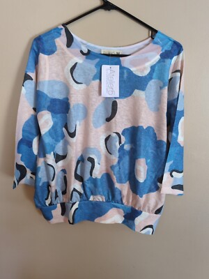 Atelier 5 Top NWT 3/4 Sleeve Medium Pullover Artsy Blue Geometric 