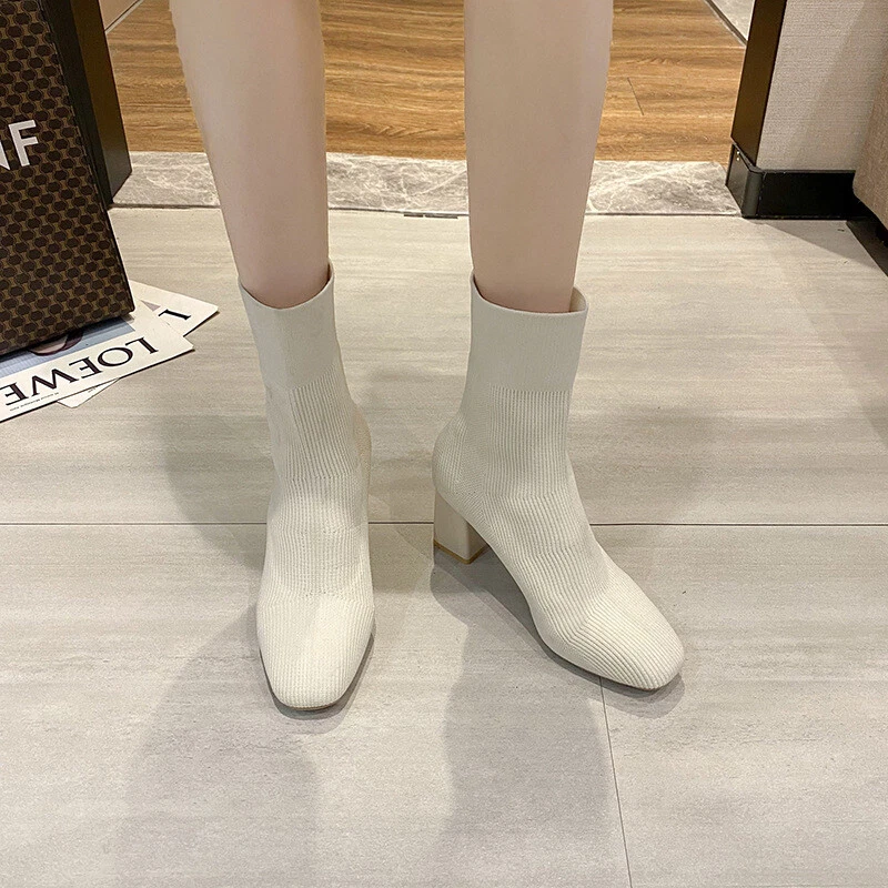 Women Block Mid Heel Stretch Ankle Boot Knit Sock Boots Pull On Shoes Pump Shoes