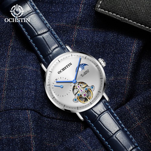 Orologio meccanico automatico scheletro volano OCHSTIN cinturino pelle blu scuro - Foto 3 di 8