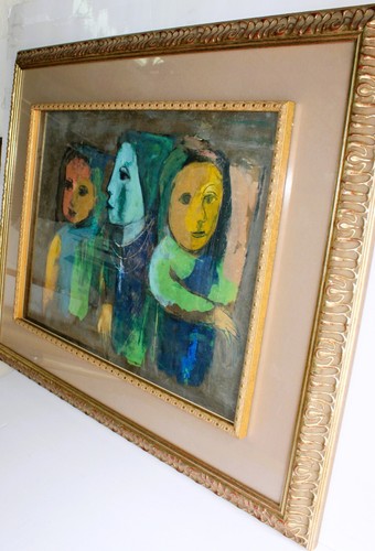 VINTAGE OIL PAINTING PAPER SIGNED GIRLS PORTRAIT MODERN FIGURATIVO RIVERA STYLE - Picture 3 of 24