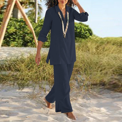 Women's Cotton Linen Suit Shirt Pants Set Long Sleeve Casual Loose Sets Summer - Picture 8 of 17