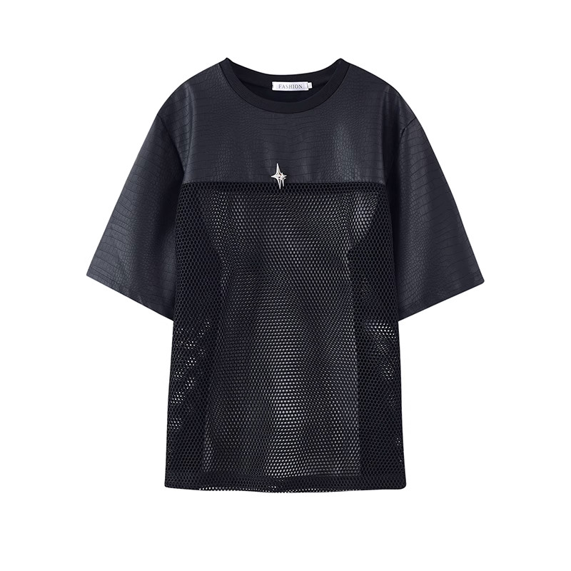 Camiseta de empalme de cuero sintético de malla hueca para hombres Camiseta de manga corta suelta para club