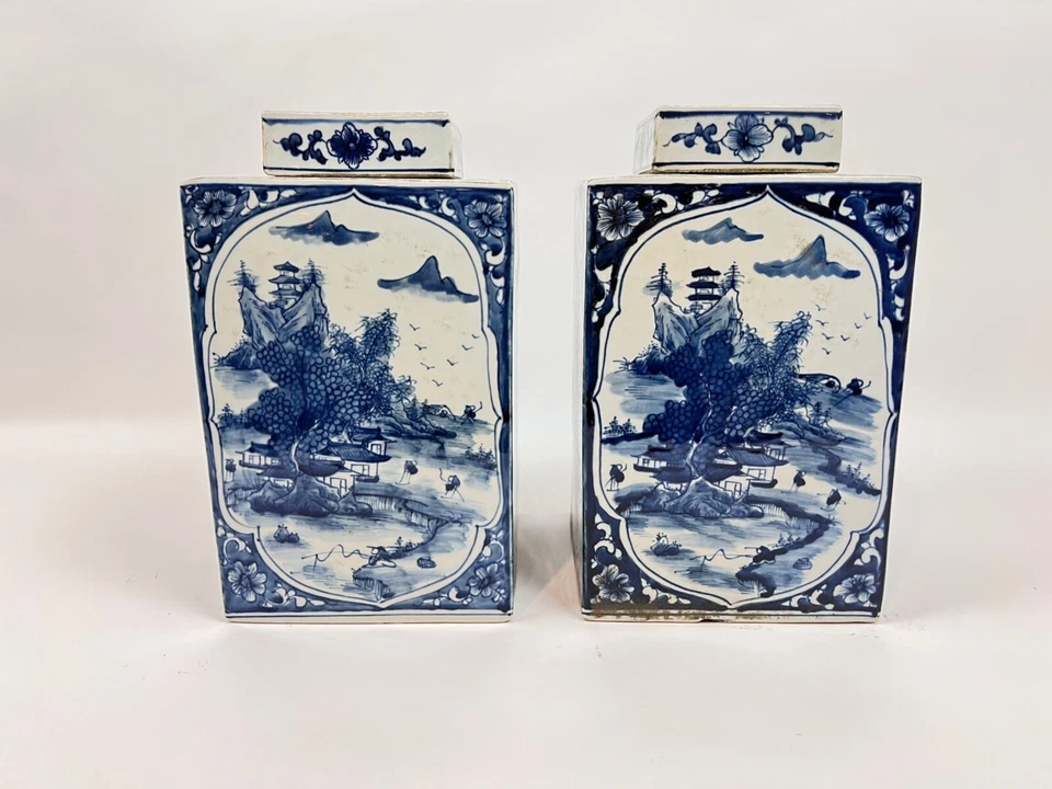 Carrito de té chino moderno de cerámica azul/blanco de 12,25" (par) - BUEN ESTADO Foto 3 de 4