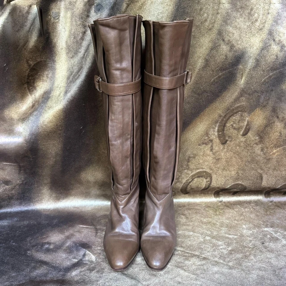 Винтажный 70-х 80-х авангард mod оливковый коричневый кожаный сутулиться плиссированные ботинки - Изображение 3 из 4