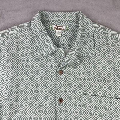 Vintage Tommy Bahama Shirt Men Large Green Silk Geometric AOP Loop Collar NWOT