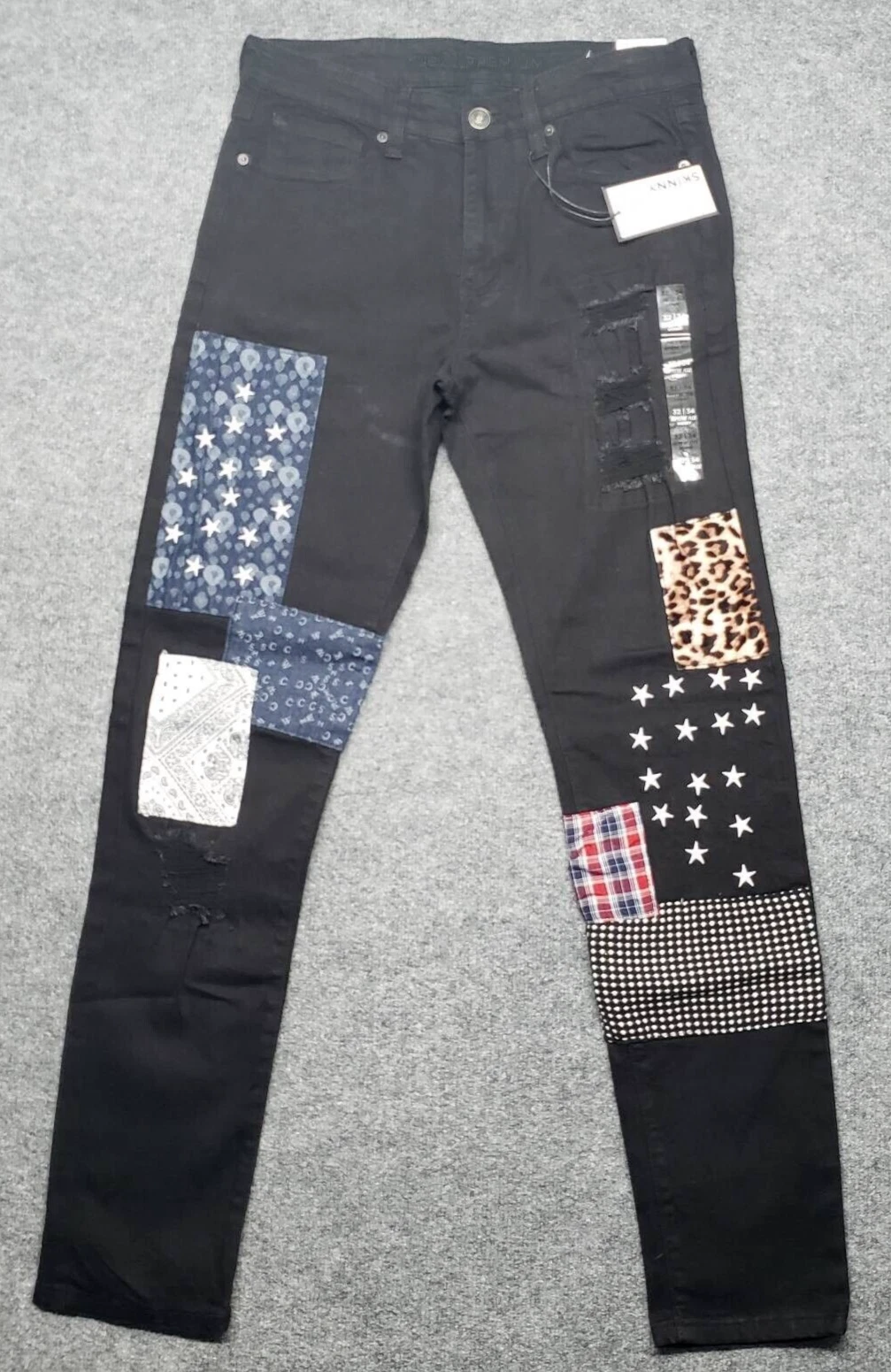 Jean Rue21 homme 32X34 noir denim supreme flex skinny patchs vieilli neuf