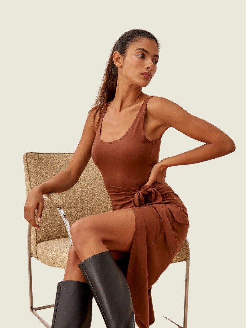 Reformation Kaila Jersey Wrap Brown Midi Dress Size ES Plus 3X | eBay