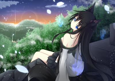 Anime black hair blue eyes blushing clouds forest fox CCG Gaming Mat Desk