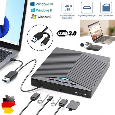 Externes CD/DVD Laufwerk USB 3.0 Type-C Brenner m/SD/TF-Kartenleser für Laptops