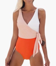 CUPSHE Womens Orange Color Block One Piece Swimsuit Faux Wrap NWT Size Large