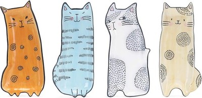Cartoon Cat Appetizer Plates Set of 4, Small Stoneware Ceramic Plates for
