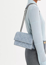 Tory Burch Fleming Denim Print Suede Small Convertible Shoulder Bag Blue Silver
