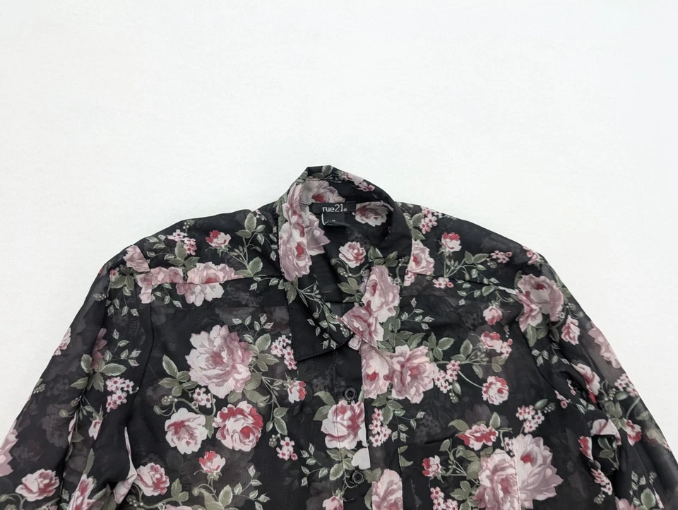 Rue21 Women's Top Size M Sheer Black Floral Print Button-Up Shirt - Image 3 of 4