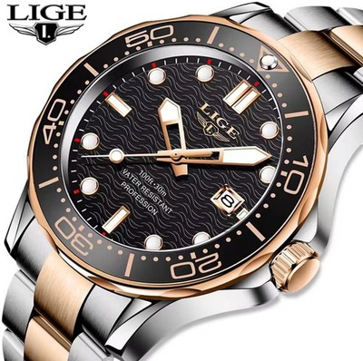 44MM LIGE Luxury Quartz Watch Men's Diver Stainless 30M Waterproof Luminous NEW