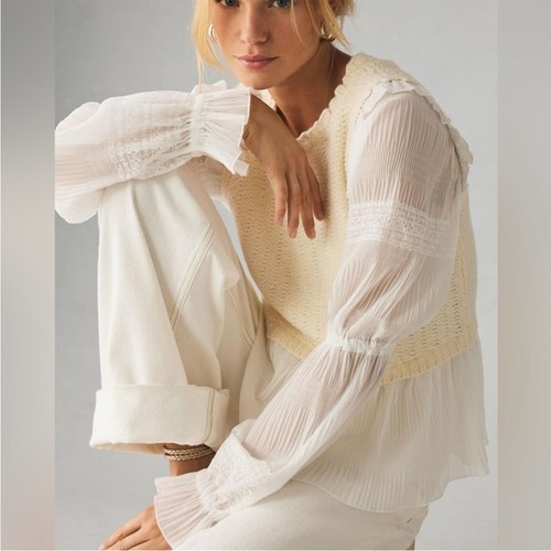 Anthropologie Ruffle Twofer Sweater Blouse boho prairie Edwardian renaissance M - Picture 8 of 15