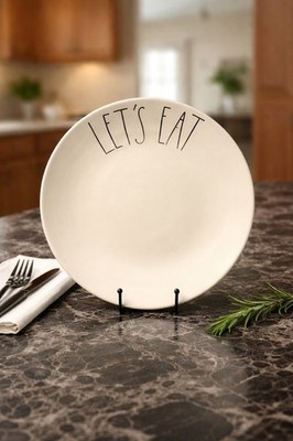 Rae Dunn 11 in Ceramic Let's Eat Plates Set Artisan White Pottery 2-Piece