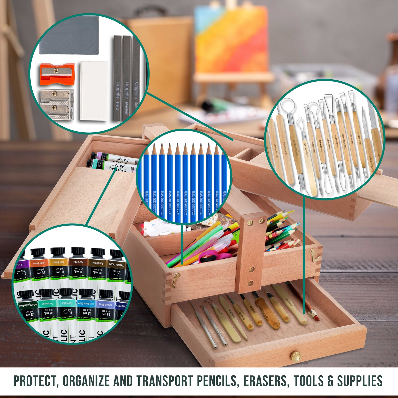 US Art Supply Large Multi-Function Wooden Artist Tool & Brush Storage Box Draw