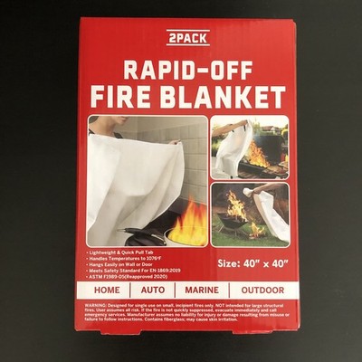 RAPID-OFF Fire Blanket 2 Pack Fiberglass Kitchen Garage Car Safety 40 x40 