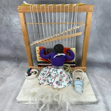 Native American Style Doll Weaving Scene w/ Loom Yarn Baby – Handmade Folk Art