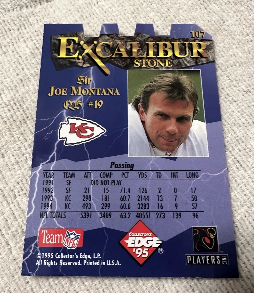 Joe Montana 1995 Collector’s Edge Excalibur Stone troquelado. Chiefs. Raro. Foto 2 de 2