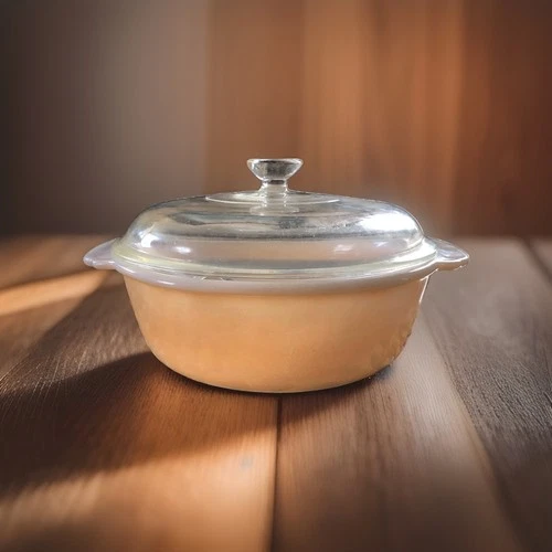 Vintage Anchor Hocking Fire King Peach Lustre casserole dish with glass lid