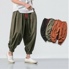 Men Loose Baggy Harem Pants Trousers Casual Linen Vintage Hippy Fashion Black