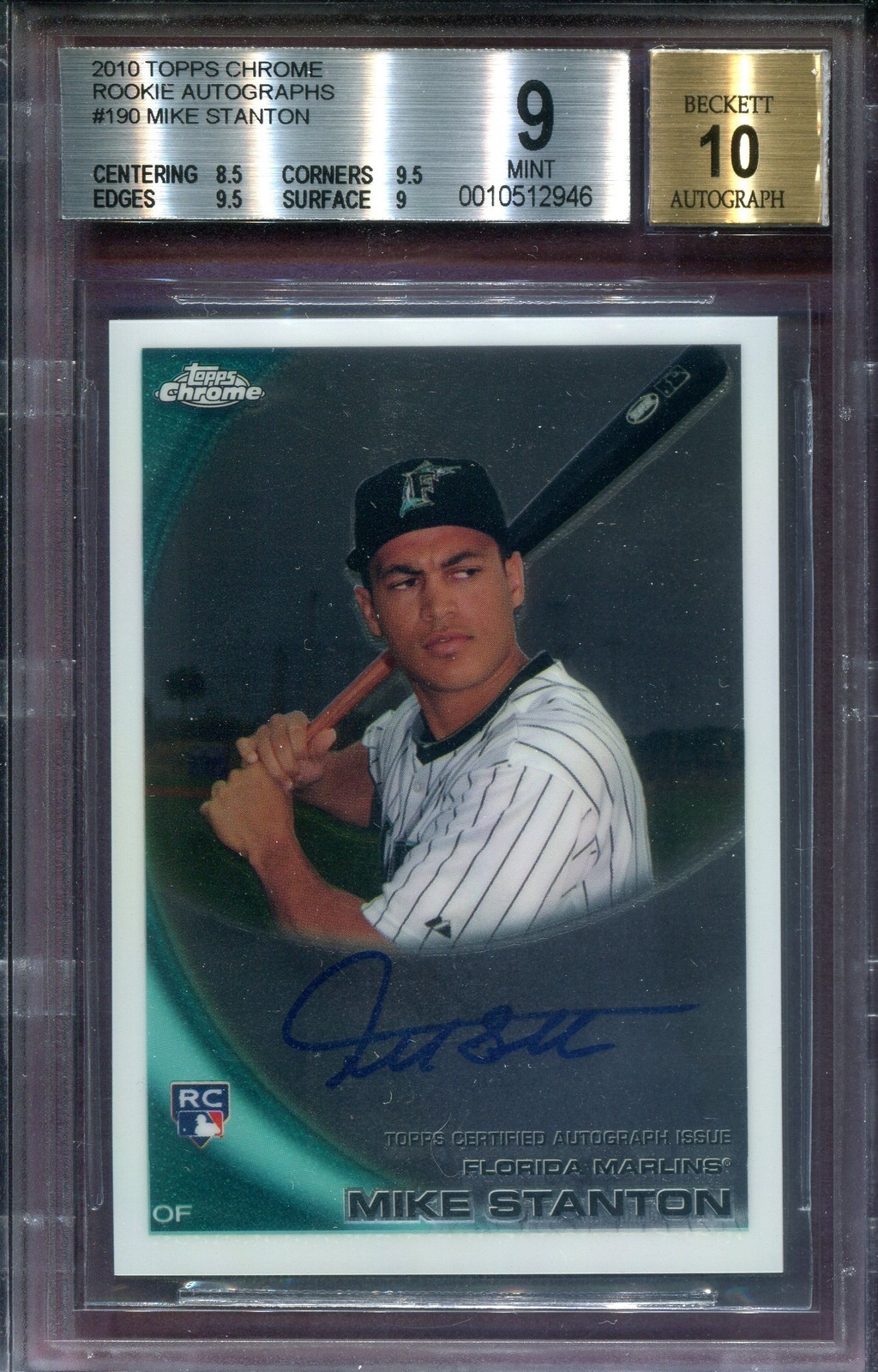 GIANCARLO MIKE STANTON ~ 2010 Topps Chrome Rookie RC #190 ~ Graded BGS 9 AUTO 10