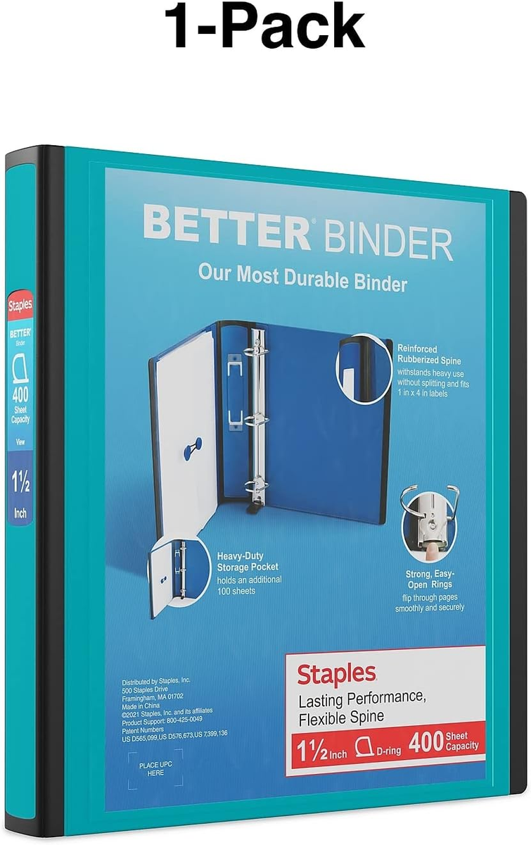 Staples 651742 1.5-Inch 3-Ring Better Binder Teal (13468-Cc) | eBay