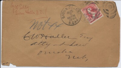 #ad Sioux Falls South Dakota 8 8 1894 cover 2 cent Washington to Omaha Nebraska $9.00
