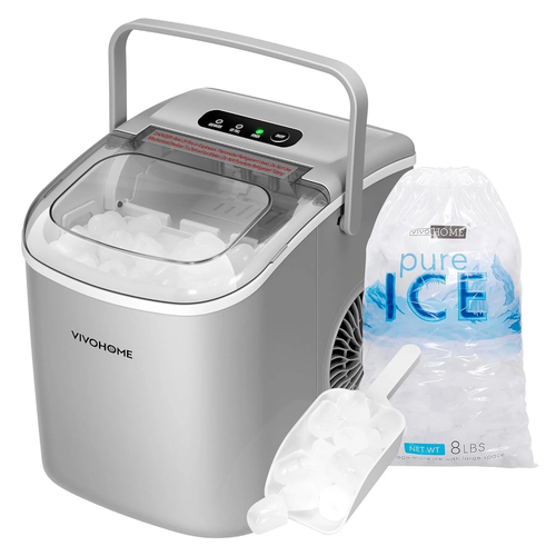 SPECSTAR Ice Maker -26Lbs/24H, Self-Cleaning, Scoop & 10 Bags, Portable (Silver)