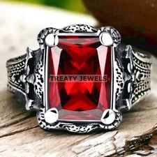 Garnet Emerald Cut Gemstone With 925 Sterling Silver Ring For Men's 659