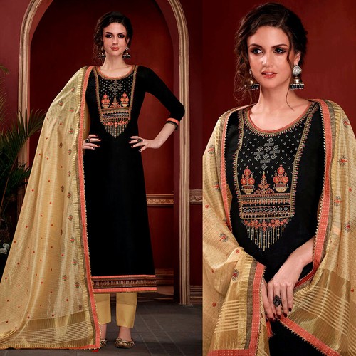 BLACK COTTON SALWAR KAMEEZ SUIT EMBR 