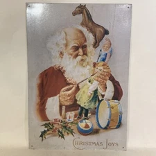 VTG Christmas Joy Metal Advertising Sign Holiday Toys Santa 1990s 16” X 11”