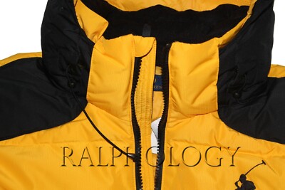 Polo Ralph Lauren Mens Yellow Black Big Pony Hooded Down Puffer