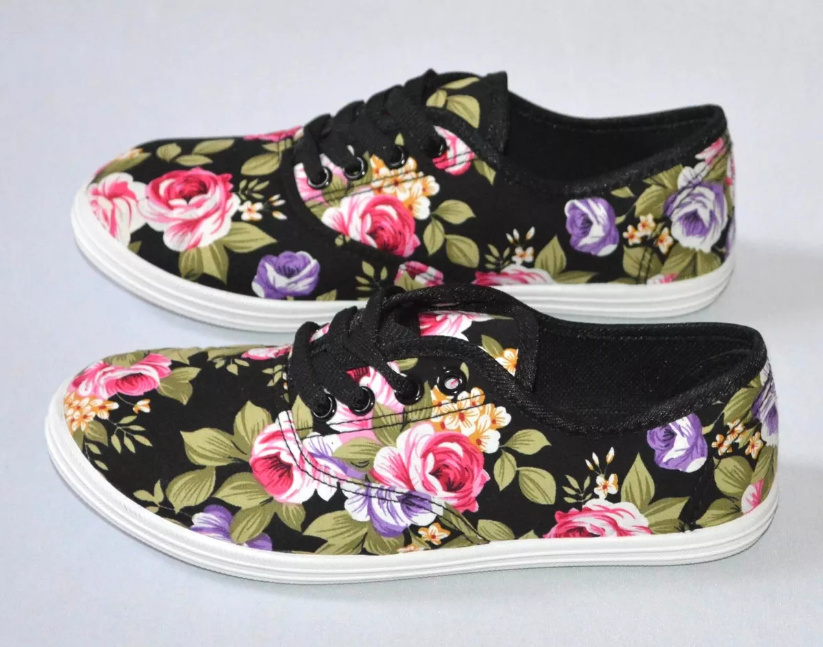 Women's Black Floral Print BOBBIE BROOKS Lace Up Canvas Sneakers