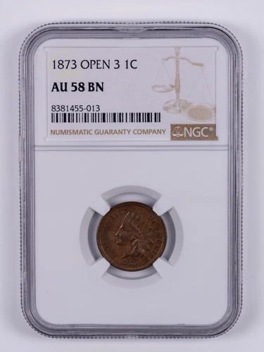 1873 Open 3 Indian Head Small Cent NGC AU58 BN RB013