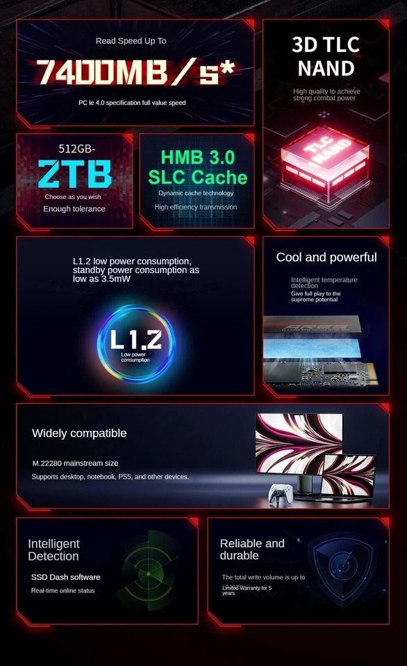 Lote de disco interno de unidad de estado sólido LEXAR SSD PCIe Gen4 NVMEM.2 2280 512 GB-2 TB Foto 3 de 4