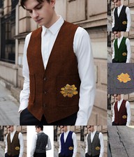 Flower Mens Vest Waistcoat Tweed Grooms Wool Waistcoat Herringbone Vintage Retro