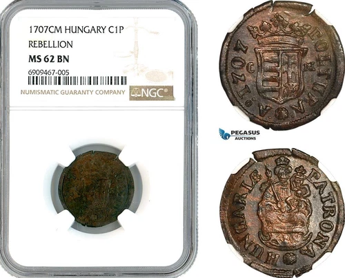 AK572, Hungary, Francis II Rakoczi, Rebellion 1 Poltura 1707 CM, NGC MS62BN