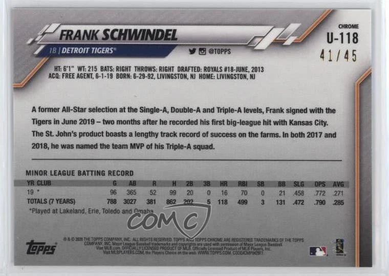 2020 Topps Chrome Update Sapphire Edition Green /45 Frank Schwindel Rookie RC - Image 2 of 2