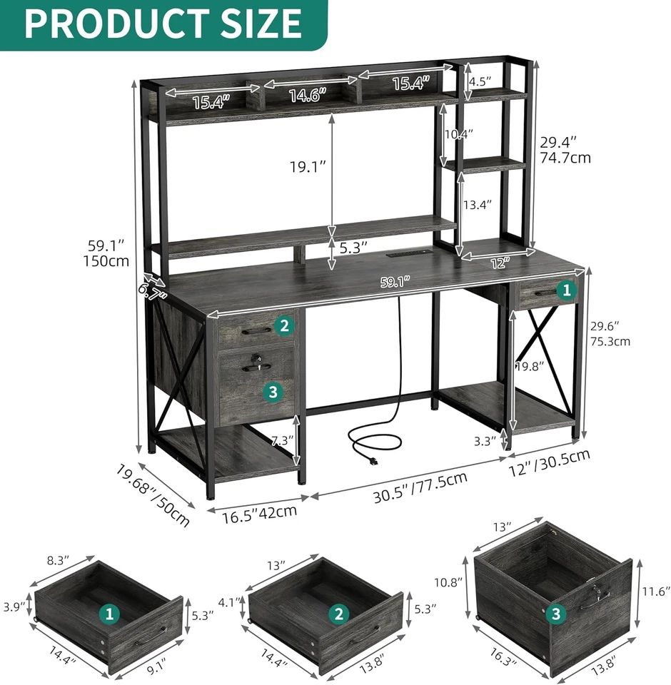 Escritorio de Ordenador con Funda y Cajones, Escritorio de Oficina 59" con Tomas de Corriente, Gaming D Foto 2 de 4