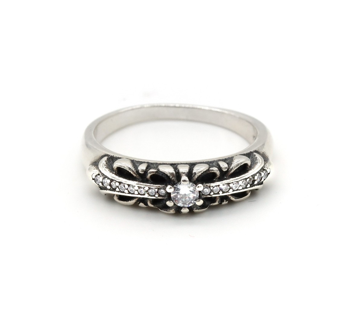 Chrome Hearts 925 Silver Keeper Ring Pave Floral Scrollwork Size