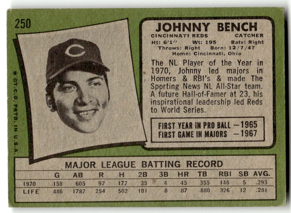 1971 Topps #250 Johnny Bench Cincinnati Reds EX-EXMINT SET BREAK! - Image 2 of 2