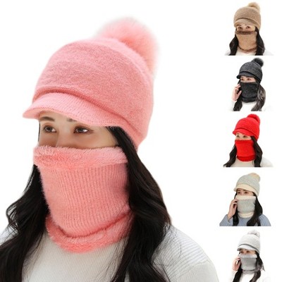 Women Winter 2Pcs Set Pompom Visor Knit Beanie Hat with Plush Lined Circle Scarf