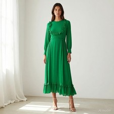 Evening Vintage Maxi Dress Green Chiffon Long Sleeve Tie Waist Prairie S