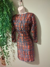 REISS Lipa Orange Pattern 17% Silk Pencil Dress Size 10 Work Office Formal Block