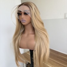 Ash Blonde Long Straight Heat Resistant Synthetic Hair Layered T Lace Front Wigs
